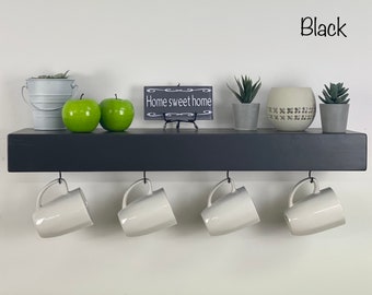 Painted Floating Shelf with Coffee Mug Hooks | FREE SHIPPING |