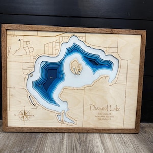 Mapa de profundidad de lago personalizado ANY LAKE: mapa de madera personalizado grabado a láser con marco de roble; arte batimétrico de pared de lago de 2, 4 o 9 capas imagen 16