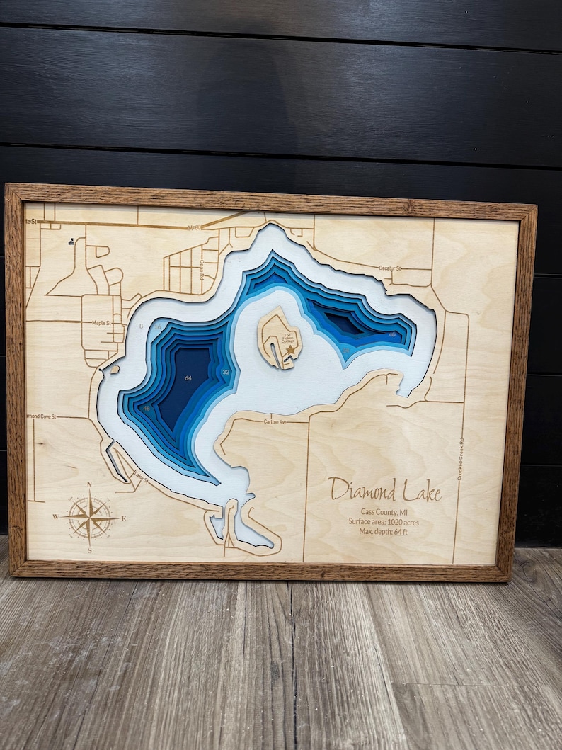 Mapa de profundidad de lago personalizado ANY LAKE: mapa de madera personalizado grabado a láser con marco de roble; arte batimétrico de pared de lago de 2, 4 o 9 capas imagen 16