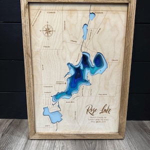 Mapa de profundidad de lago personalizado ANY LAKE: mapa de madera personalizado grabado a láser con marco de roble; arte batimétrico de pared de lago de 2, 4 o 9 capas imagen 7