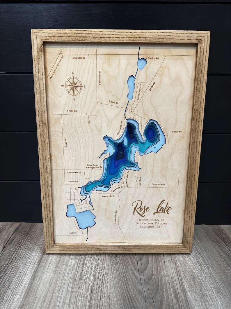Mapa de profundidad de lago personalizado ANY LAKE: mapa de madera personalizado grabado a láser con marco de roble; arte batimétrico de pared de lago de 2, 4 o 9 capas imagen 7