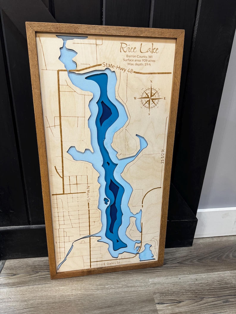 Mapa de profundidad de lago personalizado ANY LAKE: mapa de madera personalizado grabado a láser con marco de roble; arte batimétrico de pared de lago de 2, 4 o 9 capas imagen 8