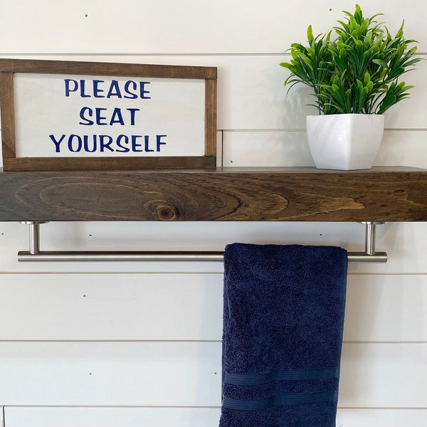 Bathroom Shelf with Towel Bar - Satin Nickel | FREE SHIPPING | Floating Shelf | Stained