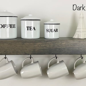 Floating Shelf with Coffee Mug Hooks | Stained | FREE SHIPPING |