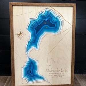 Mapa de profundidad de lago personalizado ANY LAKE: mapa de madera personalizado grabado a láser con marco de roble; arte batimétrico de pared de lago de 2, 4 o 9 capas imagen 10