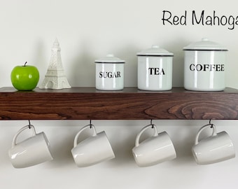Floating Shelf with Coffee Mug Hooks | Stained | FREE SHIPPING |