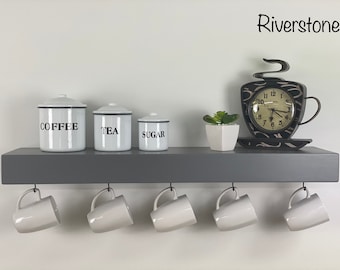 Painted Floating Shelf with Coffee Mug Hooks | FREE SHIPPING |