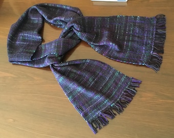 Jewel tone scarf handwoven in merino wool and rayon