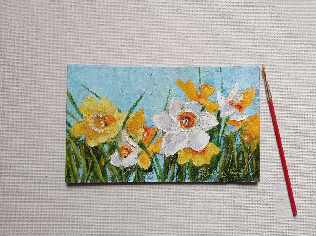 Daffodils Oil Painting Art White Yellow Flower White Art Small Oil ...