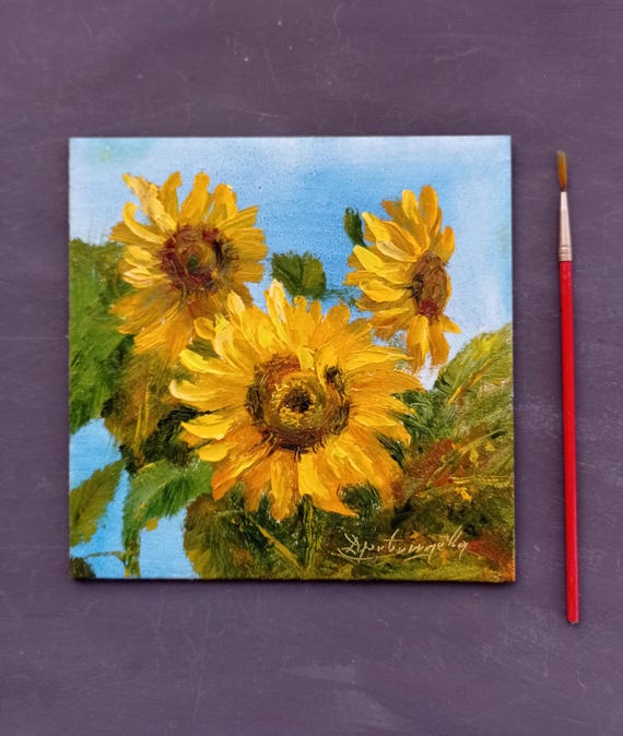 Small Sunflower Oil Painting: Impressionist Floral Still Life (6x6 in)