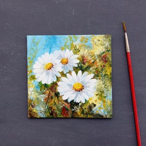 Margaridas Centáureas Miosótis Pintura Margarida Original Pequena Flor a Óleo Natureza morta Cozinha Arte de parede Flores de verão prado Presente para ela