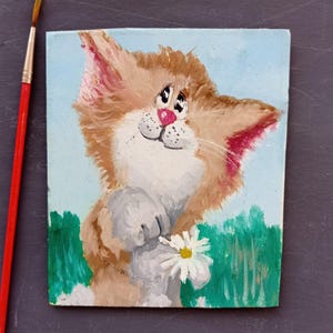 peinture de chat chat rêveur à la camomille, petite peinture à l'huile huile tini originale auteur d'art de chat de nuit, art de cuisine, beaux-arts, décoration murale chat
