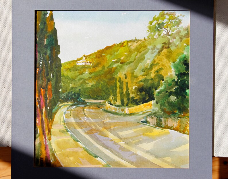 solar painting spring landscape Watercolor painting summer road landscape Archival watercolor Mountain author/'s watercolor painting