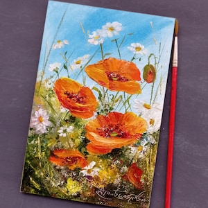 Amapola Manzanilla Nomeolvides Arte Óleo Cocina Original Arte Original Pequeña pintura al óleo pintura de flores Flores de verano pradera hierba un regalo