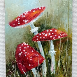 Cogumelos Pintura Arte Original pintura a óleo natureza morta Verão Arte prado grama um presente para ela cogumelo vermelho pintura a óleo Arte original
