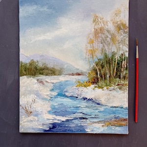 Winter landscape Snow covered frosts Landscape Original painting Kitchen Original Art painting Small painting Original Art Work Oil Gift