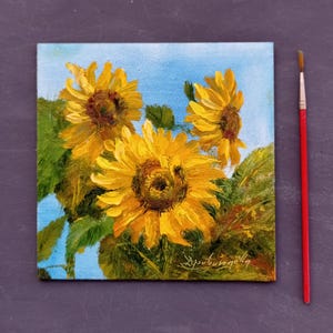 Cuadro de girasoles Pequeño cuadro al óleo Arte impresionista Pintura de flores Bodegón Regalo para su jardín Ramo Día de la Madre