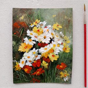 Margaridas, centáureas, pintura original, pequena pintura a óleo de flores, jardim, natureza morta, cozinha, arte de parede, flores de verão, prado, um presente para ela