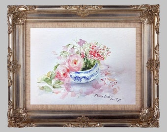 Down Load  Small painting Roses watercolor Art  Bouquet of Rosest art original flower still life gift Author art Spring flowers canvas Décor