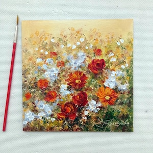 Rosa Pintura al óleo manzanilla original pequeño óleo jardín de flores bodegón Flores de verano un regalo para ella arte original Regalo pintura 6x6 pulgadas