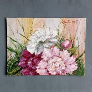 Peônia Pintura a Óleo Original Presente para amigo Rosa Pequena ARTE Arte de Parede Branco Rosa Peônias Flor Original Natureza Morta Buquê Cozinha Arte de Parede