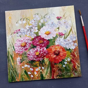 Margaritas, acianos, nomeolvides, pintura de margaritas, original, pequeña flor al óleo, naturaleza muerta, arte de pared para cocina, flores de verano, prado, regalo para ella
