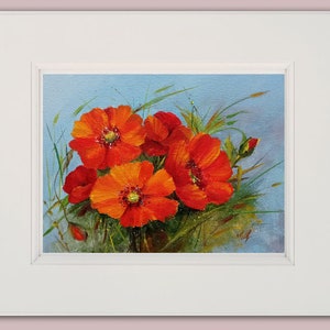 Pintura a óleo de flor de papoula, buquê de primavera, flores silvestres, pequena pintura a óleo, arte original, óleo floral, natureza morta, presente, arte para ela, arte floral