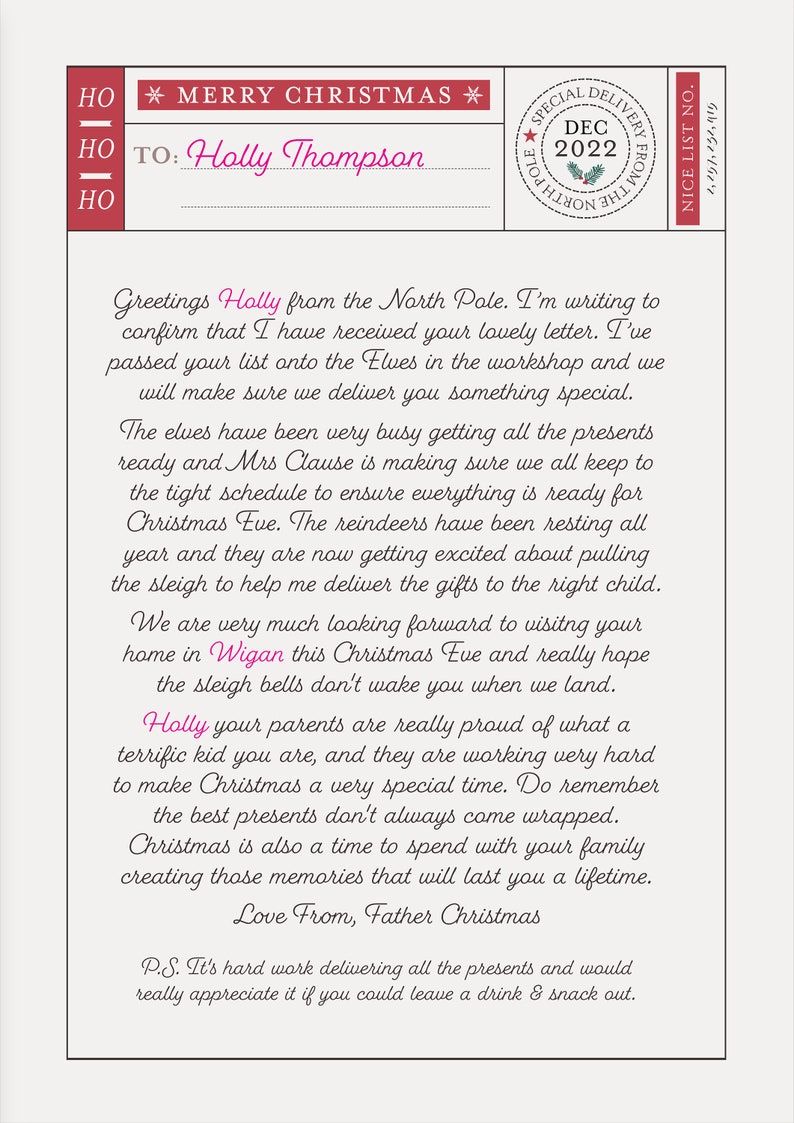 Reply Letter From Santa, Personalised Letter From Santa, Printable ...