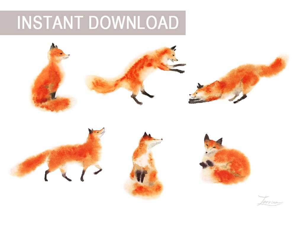 Fox wall art set Watercolor hand painting jpg foxy Wall decor Etsy