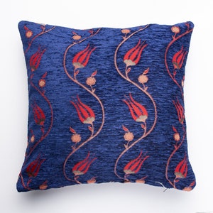 Blue chenille pillow, Boho floral pillow, blue boho pillow, pillow cover 16 x 16 blue, floral turkish pillow, blue decorative pillow cover.