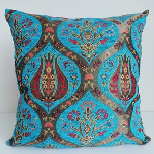 Blue chenille pillow, Boho floral pillow, blue boho pillow, pillow cover 16 x 16 blue, froral turkish pillow, blue decorative pillow cover.
