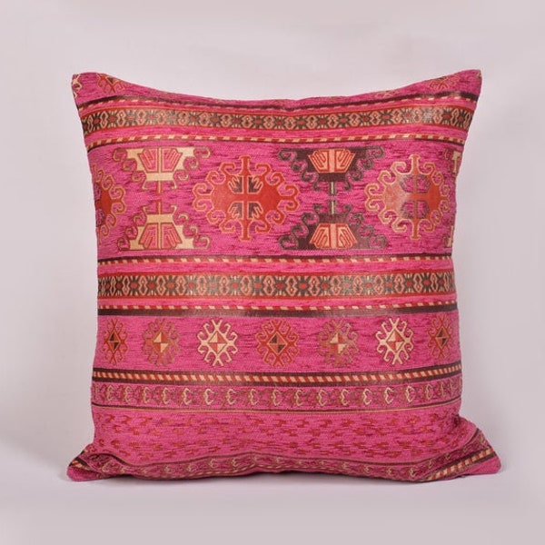 Pink Throw Pillow, Pink Kilim Cushion, Pink Accent Pillow, Kilim Pillow Cover Pink, Oriental Pink Pillow Cover Chenille, Pink Boho Pillow