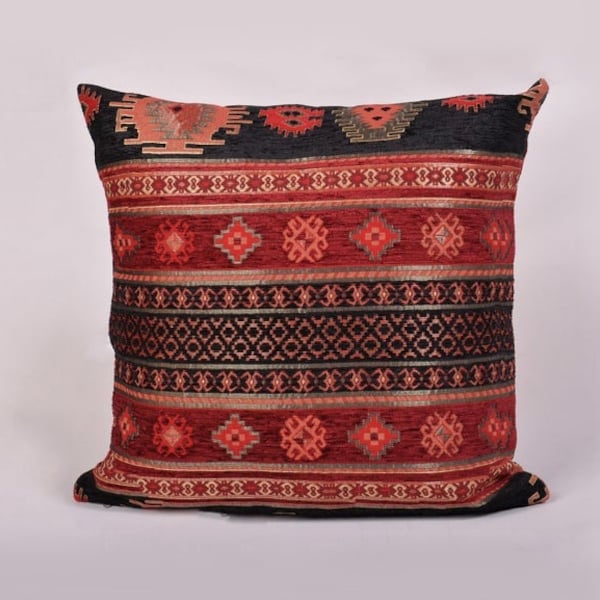 Chenille black red pillow cover, bohemian pillow 16x16, black pillow, kilim pillow black, throw pillow cover,red throw pillow.