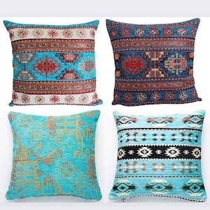 Blue Turkish Kilim Pillow Cover Handwoven Bohemian Cushion Boho Lumbar Tribal Pillow Vintage Style Decorative Kilim Throw Pillowcase