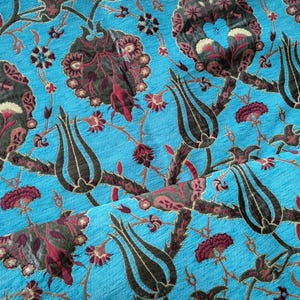 Blue Upholstery Fabric By The Yard, Turkish Chenille Kilim Fabric, Bohemian Jacquard Ottoman Material, Perfect For DIY Home Decor