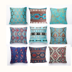 Blue Turkish Kilim Lumbar Pillow Cover  Handwoven Bohemian Cushion Cover  Vintage Style Turkish Boho Pillow  Decorative Throw Pillowcase