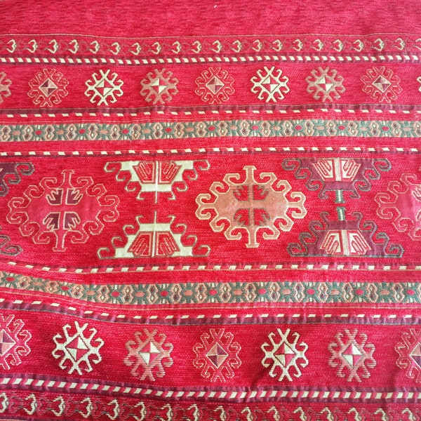 Red Kilim Fabrics Ethnic Tribal Style Chenille Upholstery Fabric, Aztec Navajo Fabric, Geometric Design Kilim Fabric By The Meter / Yard