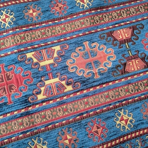 Blue Upholstery Kilim Fabric By the Yard, Turkish Chenille Fabric, Oriental Kilim Fabric, Bohemian Home Decor Fabric, Woven Textile