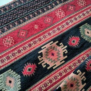 Ethnic Tribal Chenille Upholstery Fabric, Aztec Navajo Kilim Fabric, Geometric Black and Red Design, Perfect for Cushions or DIY Projects
