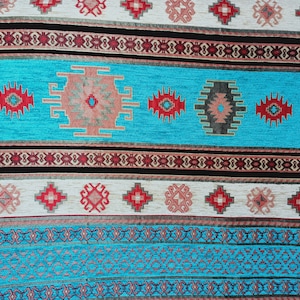 Blue chenille upholstery fabric, Jacquard Ethnic Tribal Fabric, Turkish Fabric, Blue Velvet Fabric,Kilim Fabric,oriental fabric by the yard.