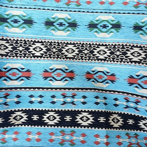 Blue Southwestern kilim fabric, Chenille Fabric, southwestern upholstery fabric, beading navajo, jaquard stoff, By the  Meters,Yard