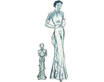 Vintage 36"/92cm bust size 1930s sleeveless halterneck back flounce formal dress, evening dress sewing pattern.