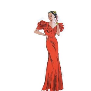 Vintage 88cm/34&quot; bust size 1930s evening formal floor length dress with short pleated puff sleeve sewing pattern