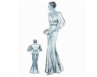 Vintage 92cm 36" bust size 1930s cowl neck and pleated open side sleeve formal dress, evening dress sewing pattern.