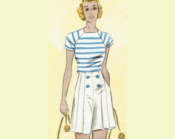 Patrón de costura para traje de playa vintage de los años 30, talla de busto de 92 cm/36 pulgadas, pantalones cortos plisados con pernera ancha, cierre de botones laterales y camisa de manga corta raglán