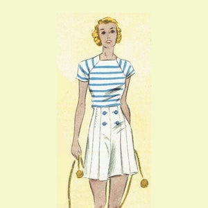 Vintage 92cm/36&quot; bust size 1930s beach suit - wide leg pleated shorts with side button closure and short raglan sleeve shirt sewing pattern