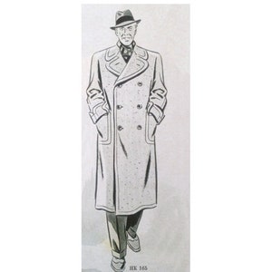 May include: A black and white illustration of a man wearing a gray double-breasted coat with a fur collar, a hat, and a patterned scarf. The text "HK 165 88, 96, 101, 112, 120 cm" is below the illustration.