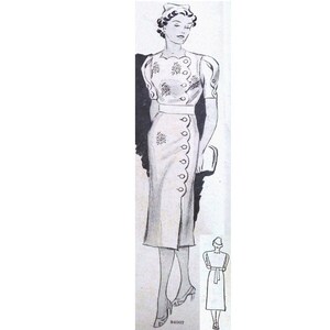 Vintage 96cm/38&quot; bust size 1930s scallop edge side button closure day dress sewing pattern.