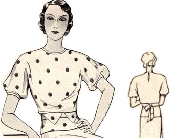 Patrón de costura de blusa estilo kimano vintage de los años 30 con mangas abullonadas y busto de 90 cm/35"