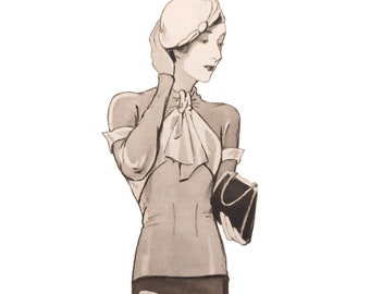 May include: A woman wearing a light brown dress with a white collar and a light brown hat. She is holding a black purse.